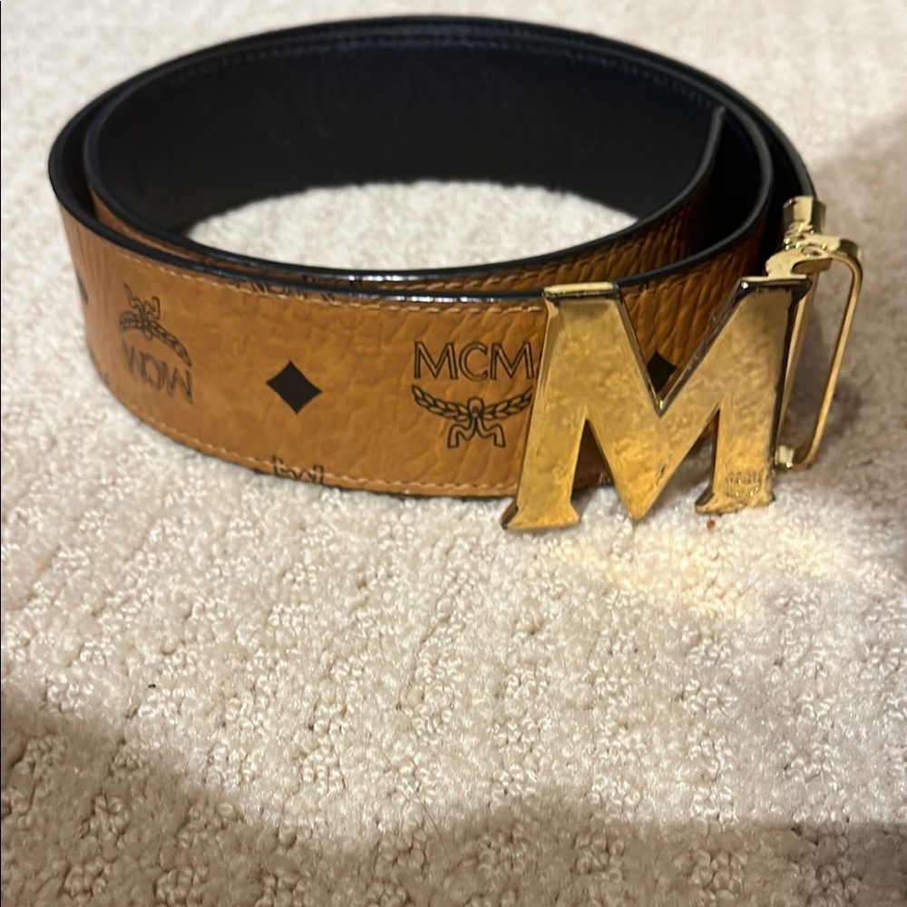 MCM Brown Leather Belt with Gold M Buckle